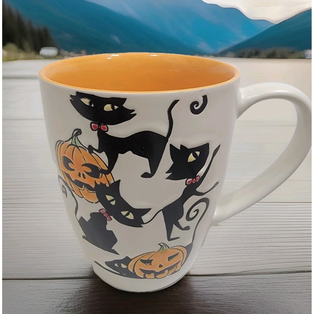 NEW! Misty Halloween Black Cat With Pumpkins‎ Coffee Mug By Spectrum Designz